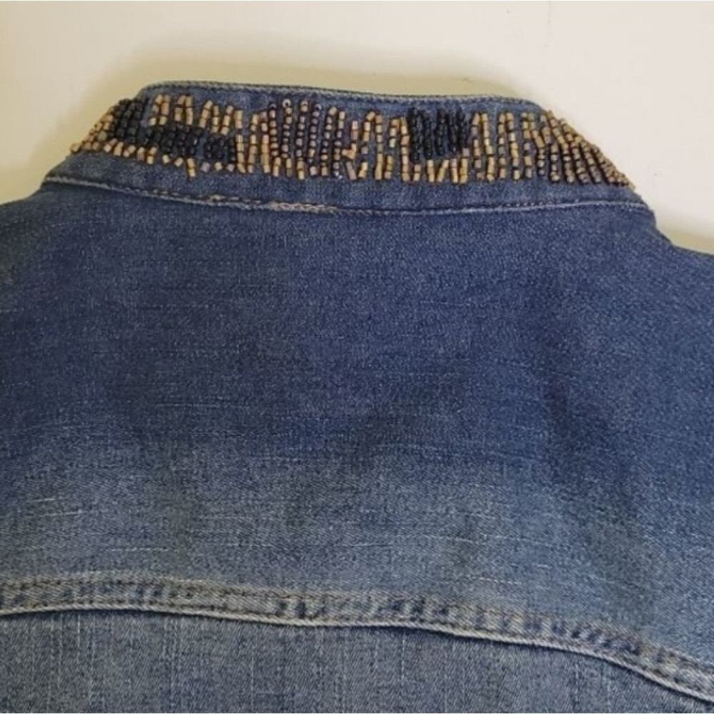 CHICO'S BEADED LEOPARD EMBELLISHED STRETCH DENIM JACKET BLUE BROWN TAN 1 medium - Picture 8 of 9